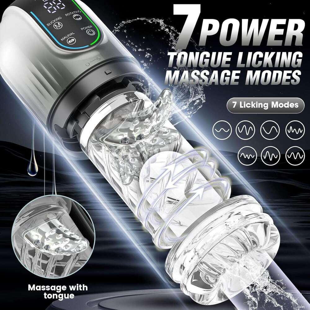 Men's automatic male sex toy - Pump adult male sex toy, 7 suction, rotation and licking modes, LED display pocket genital male massager, sex mach