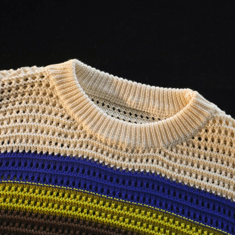 Sweater Vest Men O-neck Harajuku Y2k Clothes Striped Panelled Hollow Out Knitwear Unisex All-match Streetwear Summer Teens 240814