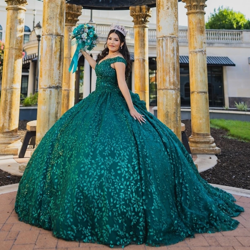 Emerald Green Princess Quinceanera Dresses Off the Shoulder Ball Gown Sweet 16 Dress Lace Beads Tull Vestidos De 15 Anos