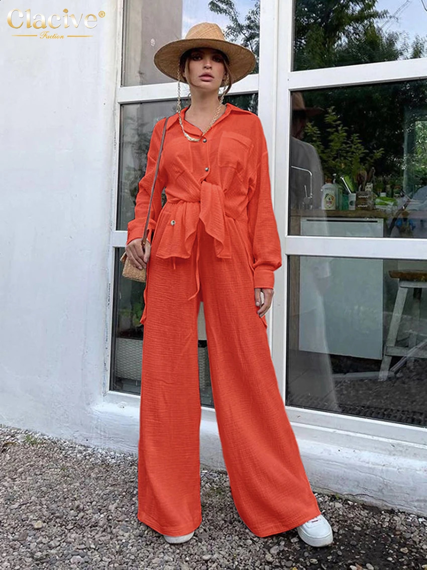 Clacive Casual Loose Pink Two Piece Pants Set Women Fashion Long Sleeve Blouses Matching Wide Trousers Suit Lace-Up Pant Sets 240813