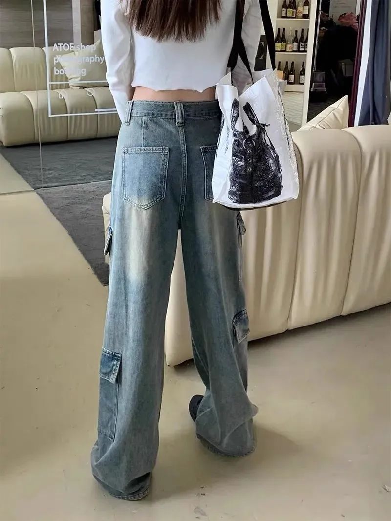 High street BF style retro multi pocket women's designer workwear jeans, loose high waisted slim fit straight wide leg mop pants