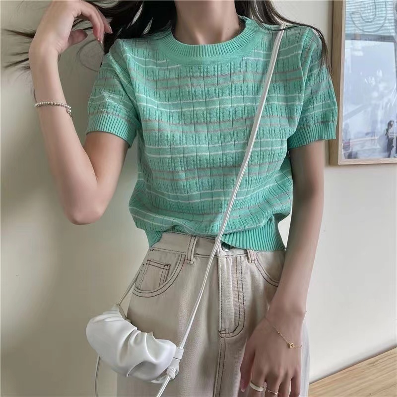 Womens short-sleeved striped O-neck Fashion knits SML