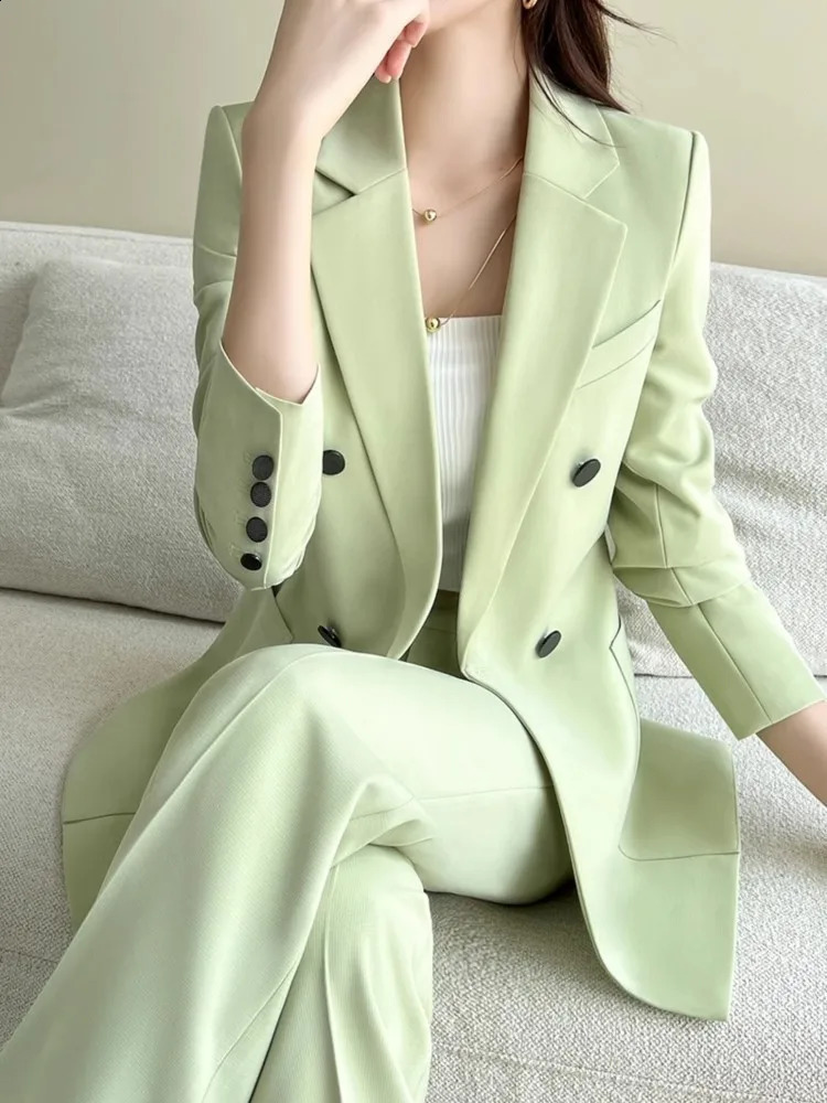 Women Fashion Elegant Chic Blazer Pantsuit Vintage Casual Solid Jackets Straight Pants Two Pieces Set Female Formal Outfits 240813
