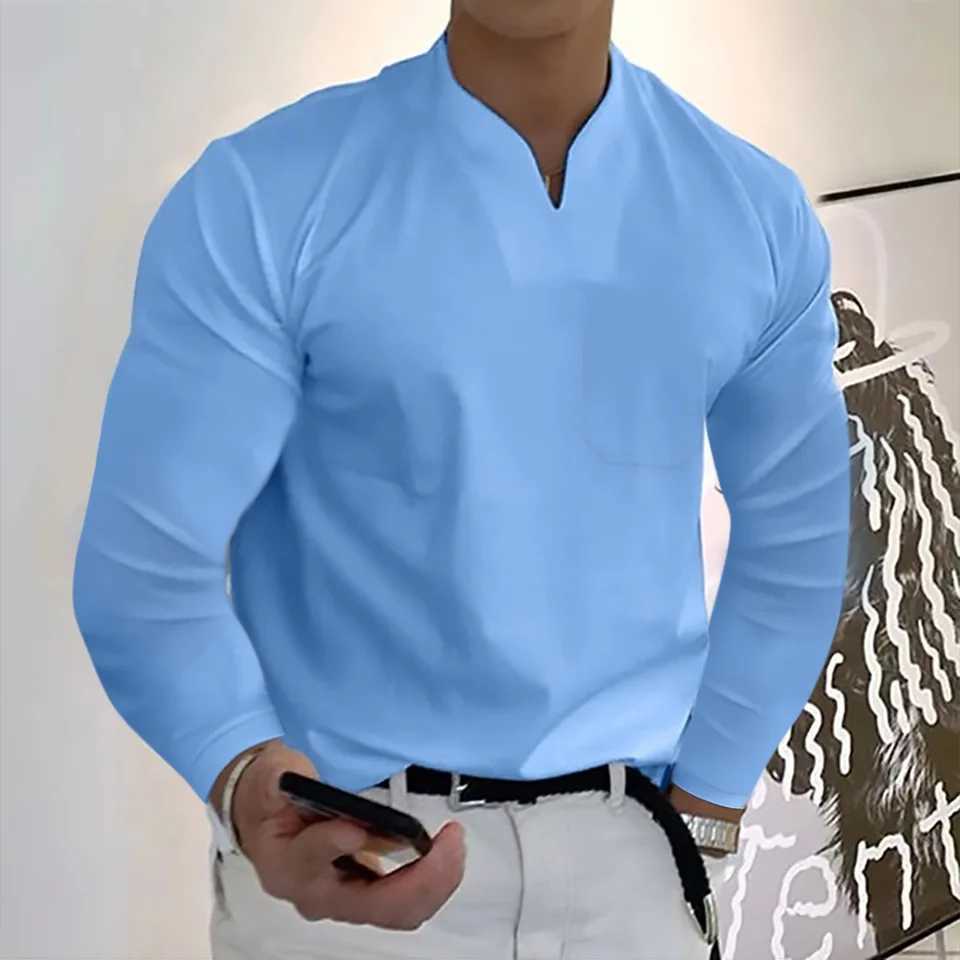 Spring Autumn Mens Long SLeeved Cotton Casual Mens T-shirt V-neck Shirt Male Breathable Pocket Shirts S-5XLM240814