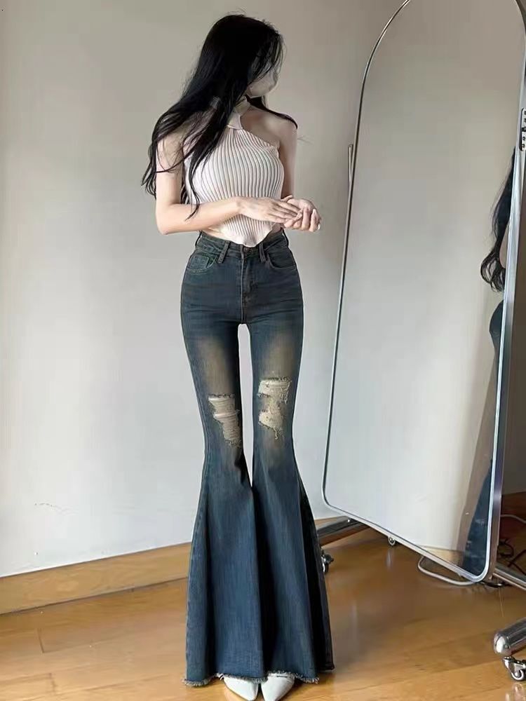 Thin hole, big horn, elastic thin jeans, women's high waist, small stature, summer hot girl, horn pants