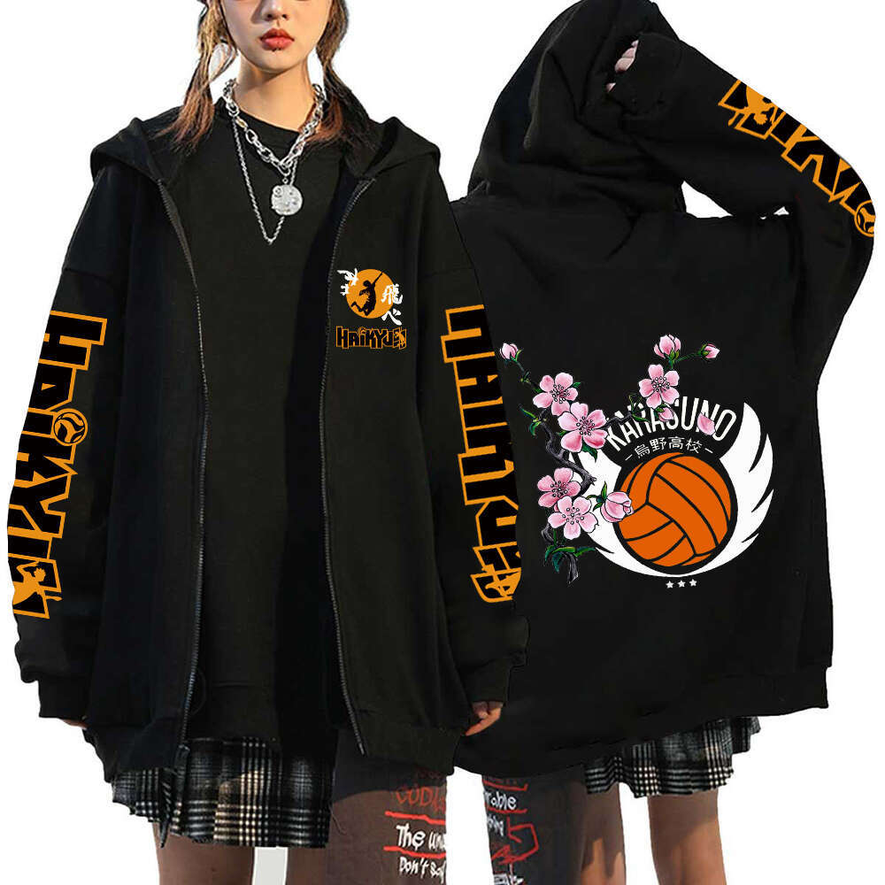 Men Women Anime Hoodie Haikyuu Zip Up Jacket Karasuno High School Plus Size Sweatshirt Haruku Unisex Autumn Warm Streetwear