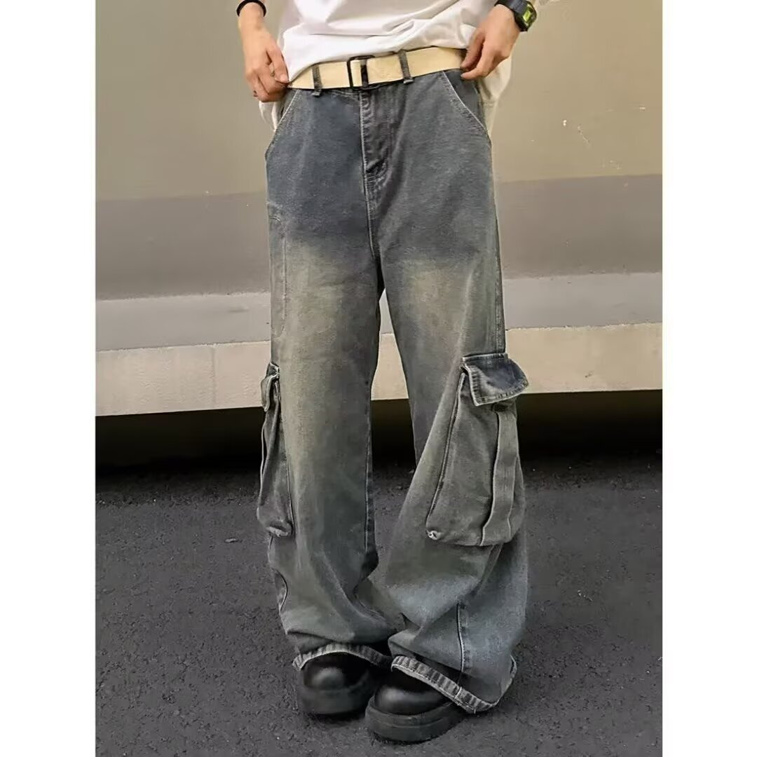 American high street workwear jeans for men, distressed loose straight wide leg multi pocket casual versatile pants