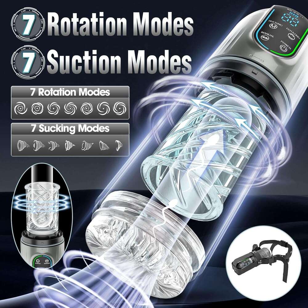 Men's automatic male sex toy - Pump adult male sex toy, 7 suction, rotation and licking modes, LED display pocket genital male massager, sex mach