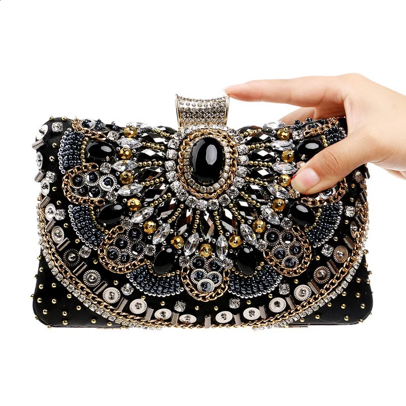 Vintage Women Black Beaded Evening Clutch Bags Ladies Box Metal Clutches Wedding Cocktail Party Handbags Purses 240813ZYl