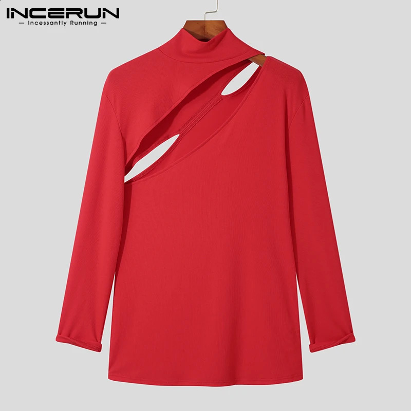 INCERUN Fashion Men T Shirt Turtleneck Solid Color Long Sleeve Hollow Out Casual Men Clothing Streetwear Sexy Camisetas S-5XL 240814