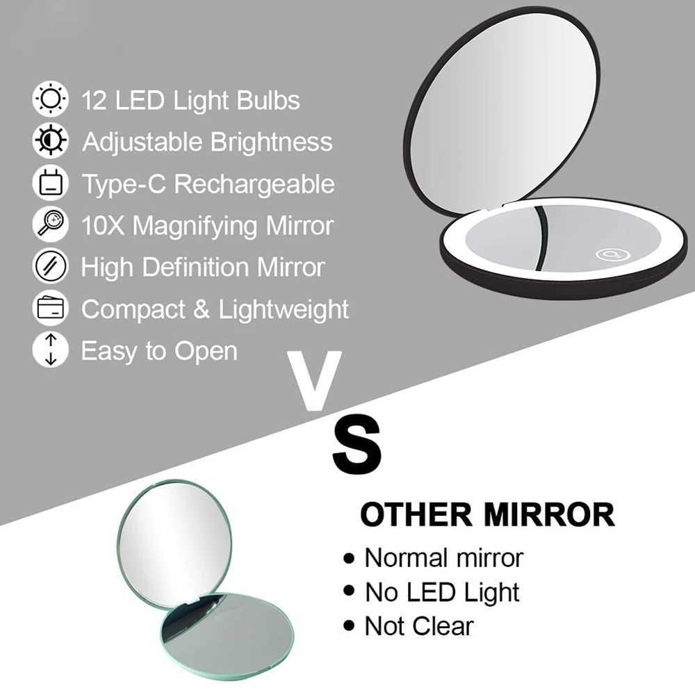 Mini portable folding travel mirror LED light makeup mirror Compact mirror 10X magnifying glass Double sided beauty makeup round mirror W240813