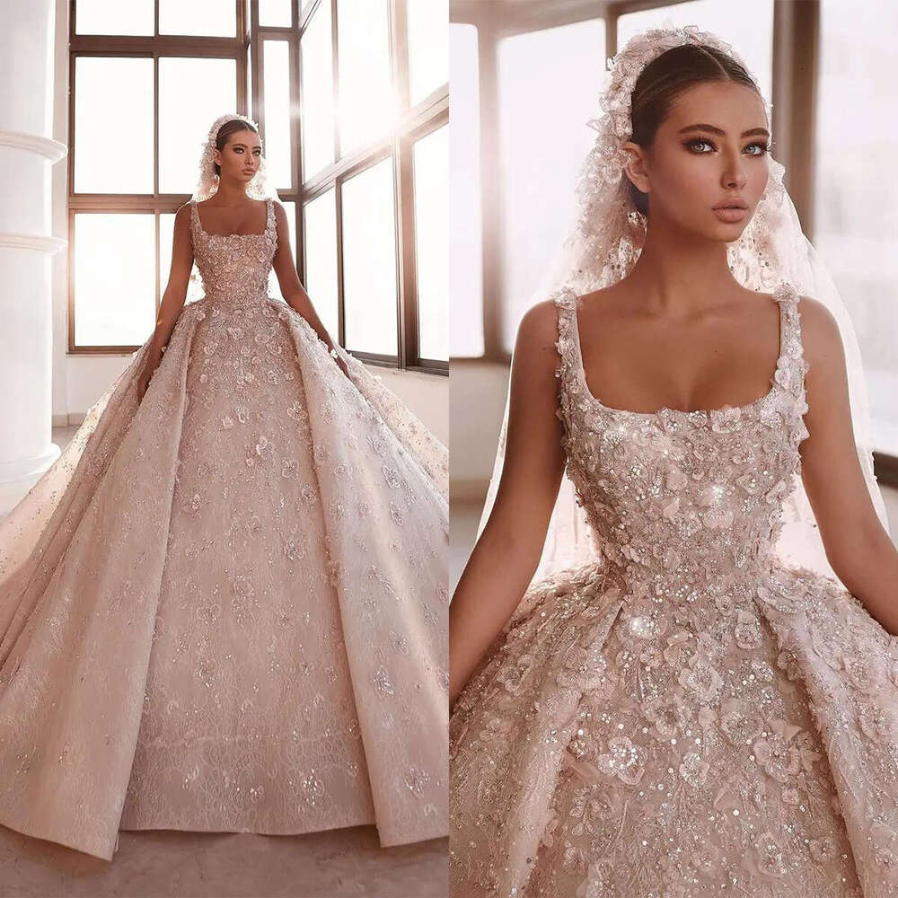 Princess Wedding Dresses Square Necke Beads Lace Appliqued Bridal Gowns Custom Made Sweep Train Ball Gown Robe De Mariee