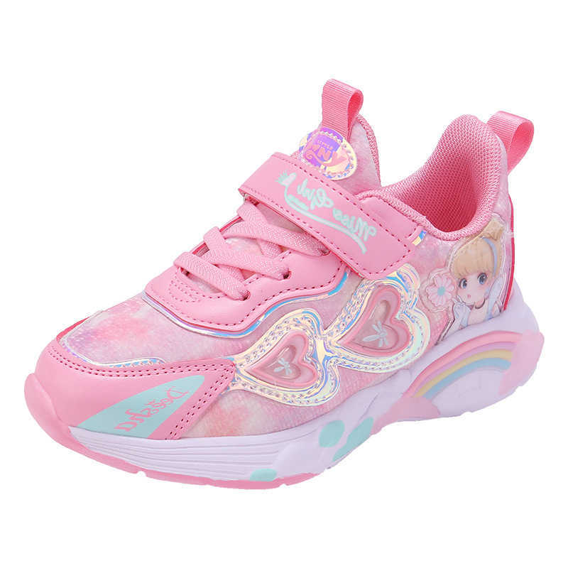 Sneakers Girls sports and leisure childrens leather single shoes 2023 Spring and Autumn Mid to Large Childrens Princess Running Shoes Trend H240805