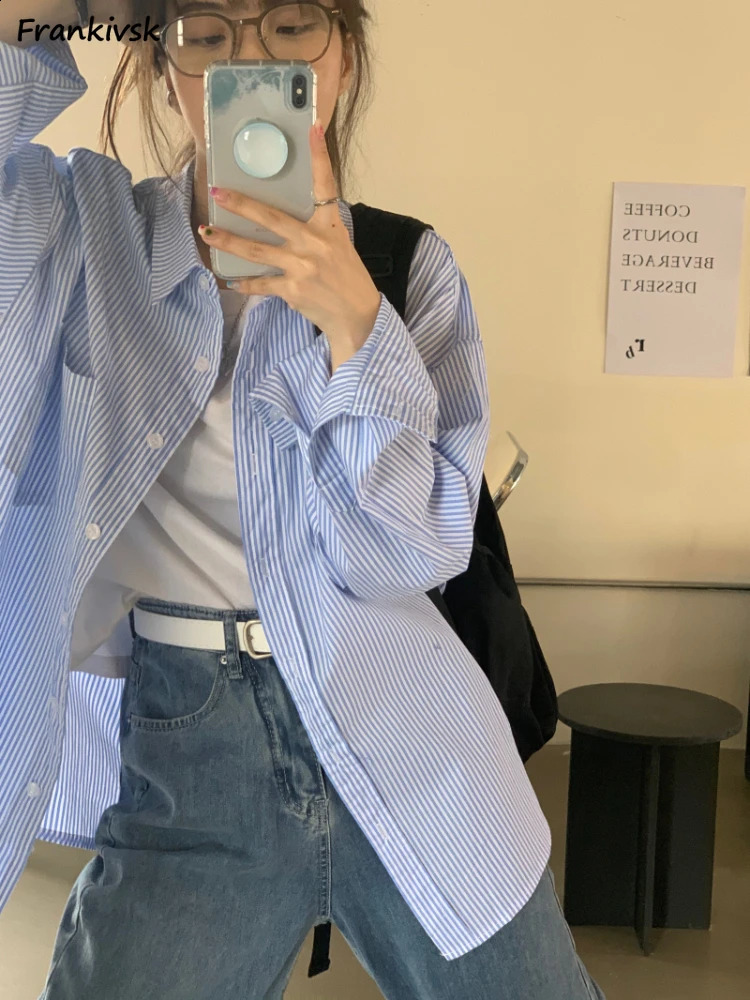 S-5XL Women Shirts Stripped Baggy American Preppy Style Pocket Trendy Versatile Elegant Streetwear Students Daily Cozy Aesthetic 240814