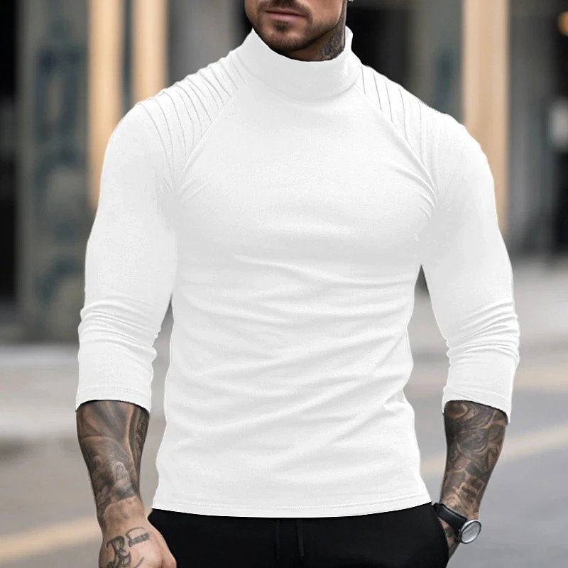 Half High Neck Men Solid Long Sleeve T-Shirts Spring Autumn Male Clothes Tees Versatile Fashion Basic Bottoming Casual Tops 240814