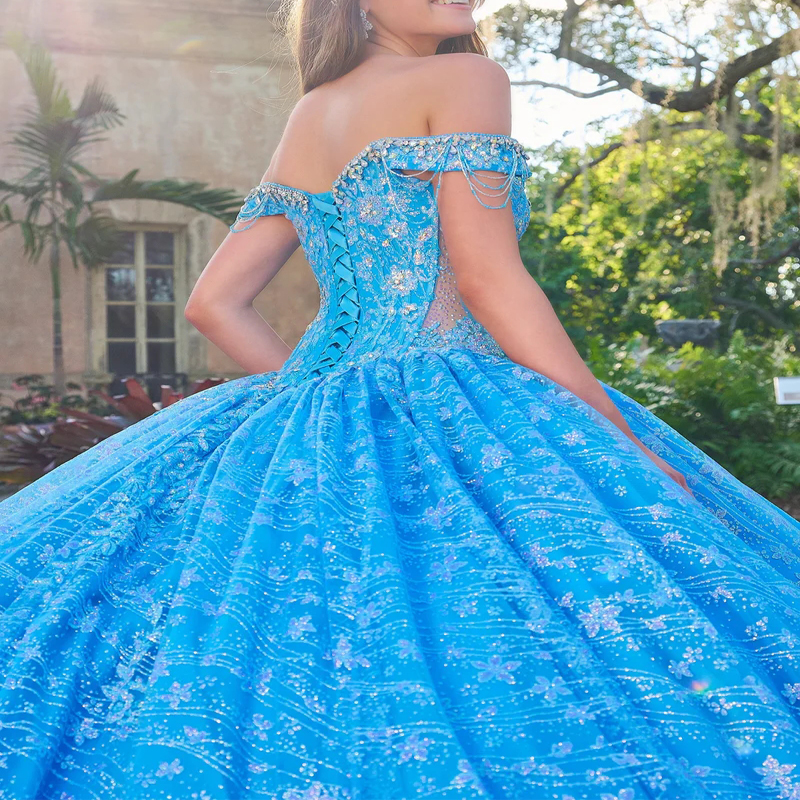 Sky Blue Shiny Ball Gown Quinceanera Dresses Off The Shouler Appliques Lace Flower Beaded Tull Party Gowns Vestidos 15 XV Anos