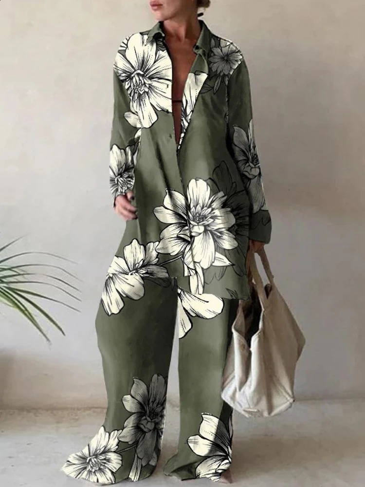 Casual Print Two Piece Suit Office Lady Suit Fashion Suit Women Loose Long Sleeve Shirt Straight Pant Sets Tracksuits 240813