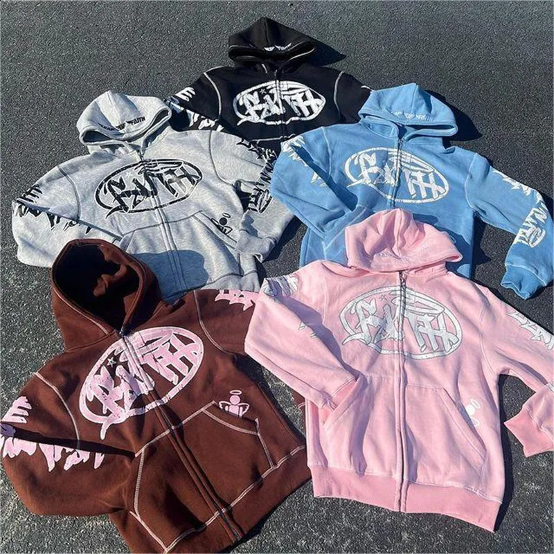 Goth Hoodies Women High Street Harajuku Retro Hip Hop Y2K Zip Up Hoodie Loose Sweatshirt Hoodie Clothes Hoodie streetwear kpop 240809
