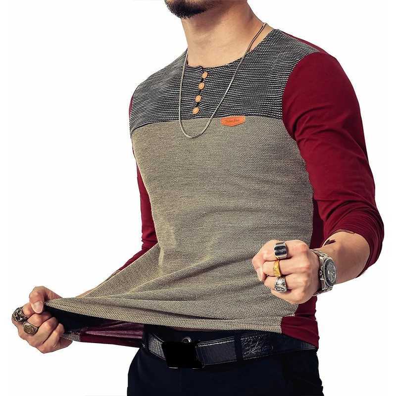 Mens Slim Fitted Casual Long-Sleeve Button T-Shirts Contrast Color Stitching Top TeesM240814