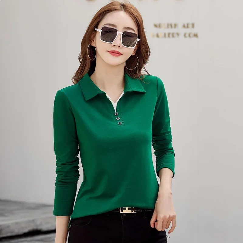 Korean Fashion Autumn Womens Polo Shirt Cotton Long Sleeve T-shirt with Button Solid Candy Color Knitted High Quality Womens Polo 240827