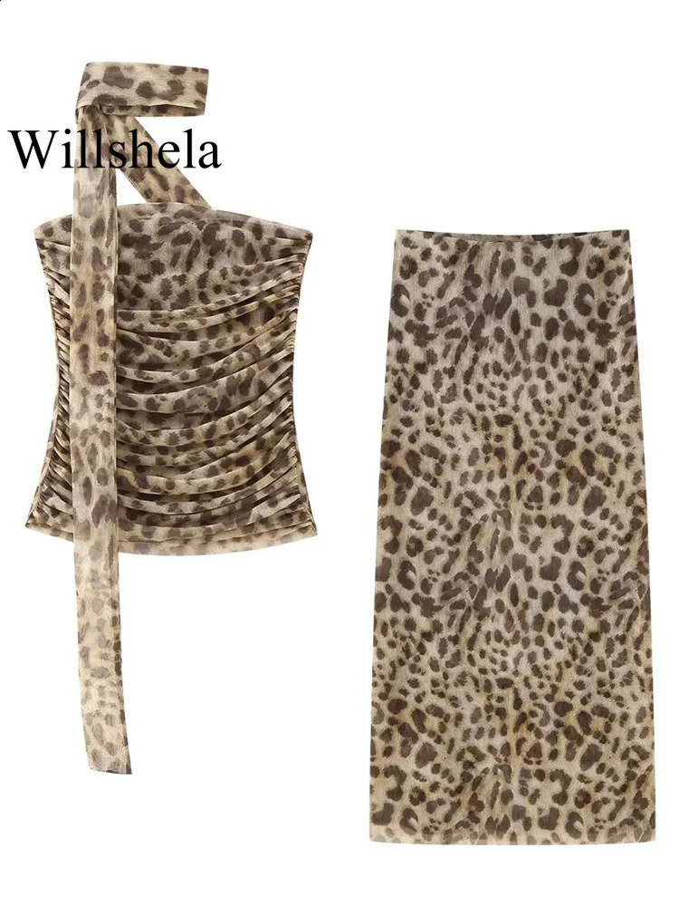Willshela Women Fashion 2 Piece Set Tulle Leopard Pleated Tops Vintage High Waist Midi Skirt Female Chic Lady Skirts y240813