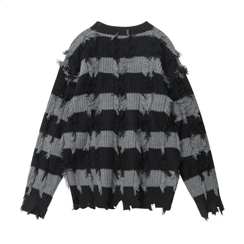 Autumn Winter Y2k Tassel Hole Retro Loose Fashion Round Neck American Sweater Striped Harajuku Lazy Wind Casual Sweater Tops 240821