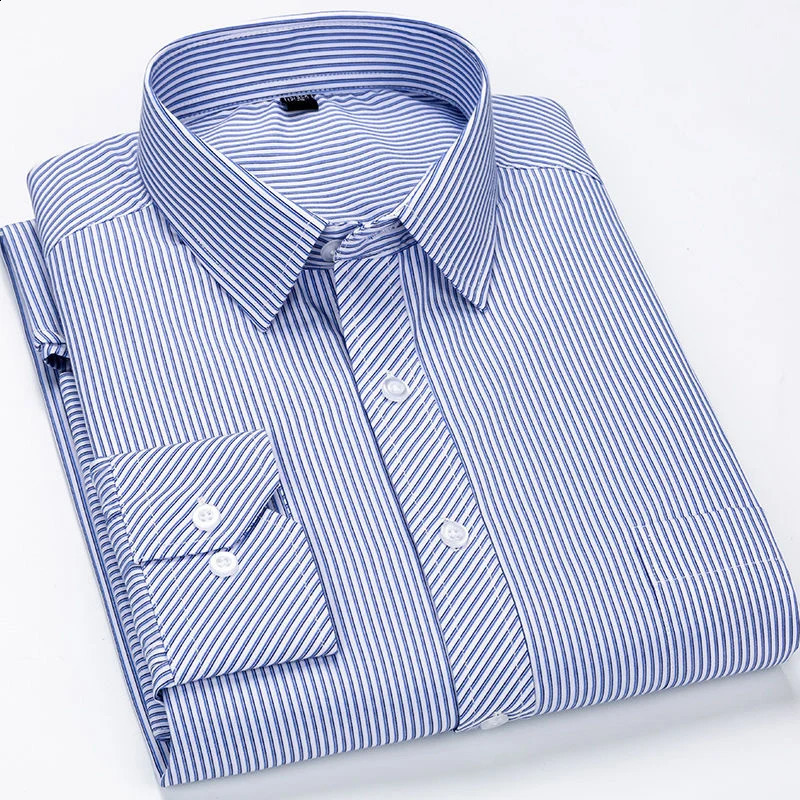 Oversized 9XL 8XL 48 47 Mens Long Sleeved Shirt Casual Business Classic Plaid Striped Slim Fit Button Male Social Dress Shirts 240814