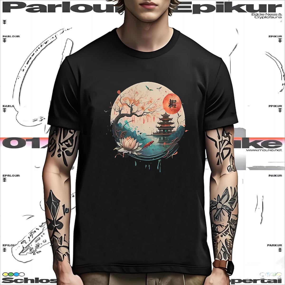 Soft Mens T Shirts Tower O-Neck Short Sleeve Hip Hop Street Cartoon Print 230g 100% Cotton Tshirts 2024 Summer Polos