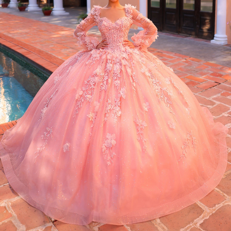 Pink Shiny Quinceanera Dress Ball Gown 2025 Long Sleeve Applique Lace Beads Vestidos De 15 Anos Sweet 16 Birthday Party Pageant Miss