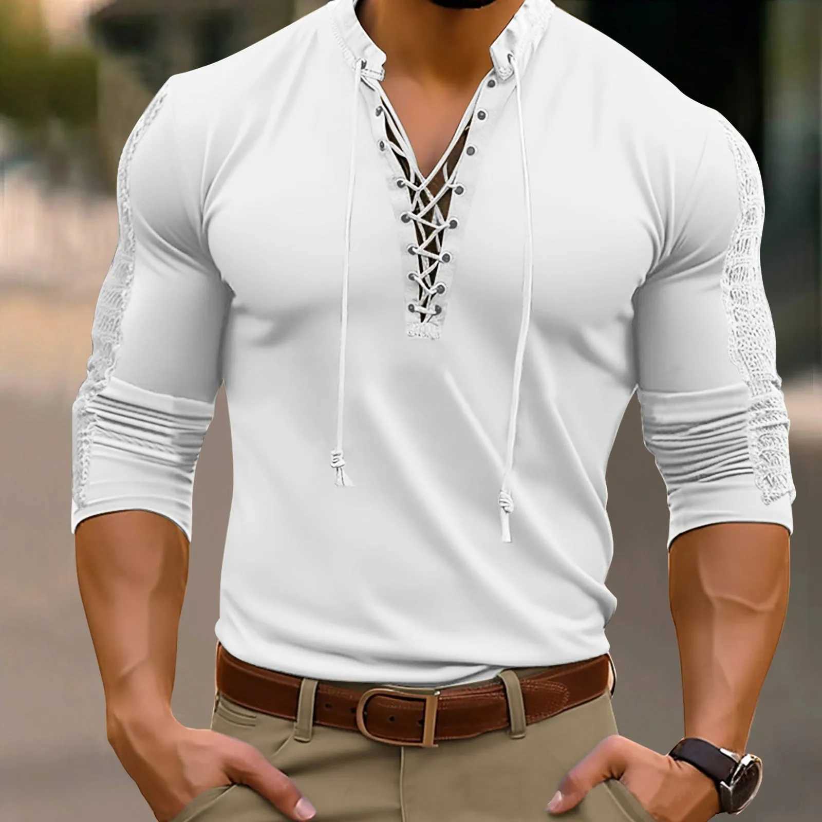 MenS Simple Ventilate Tie V Neck T Shirt Leisure Patchwork Pullover Long Sleeved Half Sleeve Fashion Stand Collar T ShirtM240814