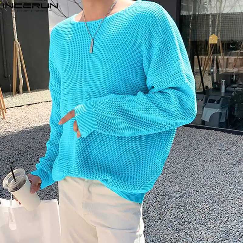 Mens sweater knitted solid loose O-neck long sleeved street clothing casual pull-out Korean mens clothing S-5XL INCERUNW240729