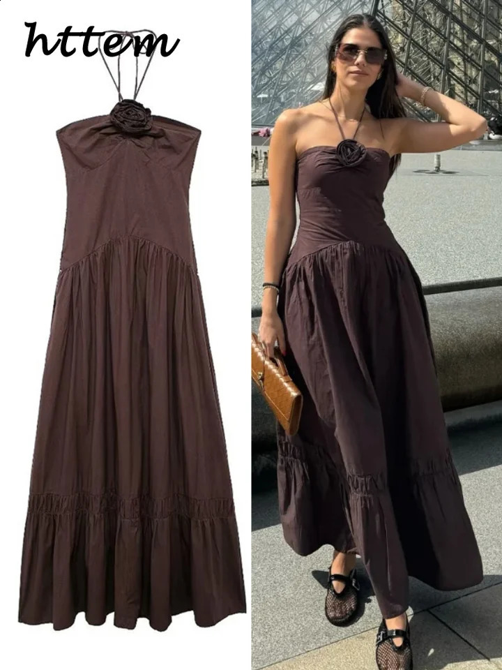 Elegant 3d Flower Halter Long Dress Women Slim Sleeveless Backless Pleated Holiday Dresses 2024 Summer Lady Solid Cotton Robes 240814