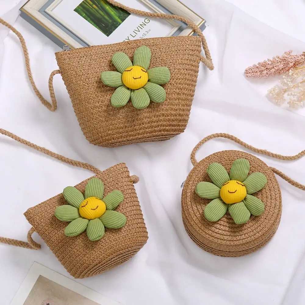 Flower Girl Straw Bag Summer Zipper Hand Woven Childrens Beach Bag Photo Props Coin Wallet Storage Basket W240906