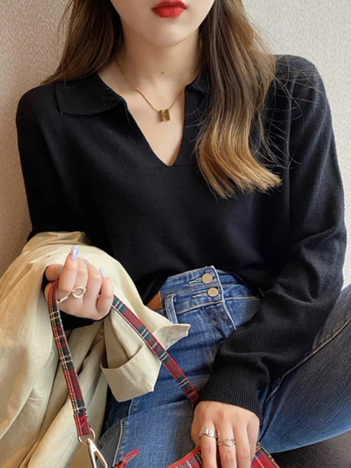 Polo neck sweater with floral long sleeved top for womens autumn and winter clothing ultra-thin knitted soft jumping street clothing simple sweater 24