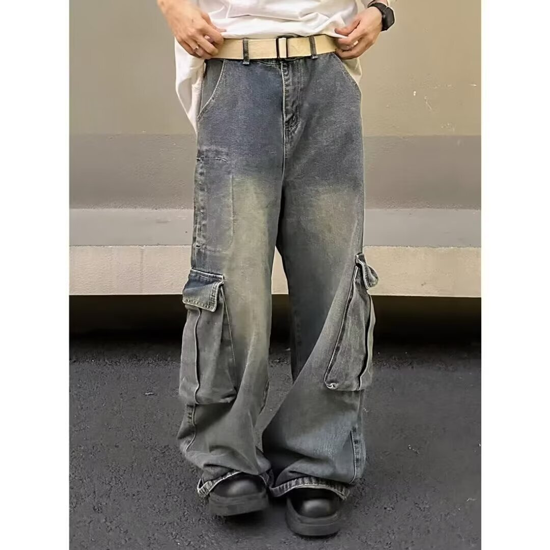 American high street workwear jeans for men, distressed loose straight wide leg multi pocket casual versatile pants