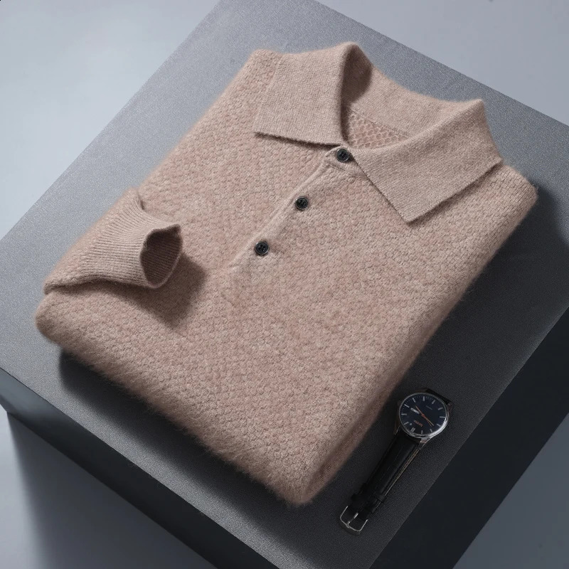 Autumn and winter mens mink cashmere collar solid color wool knitted long sleeved sweater business w240824