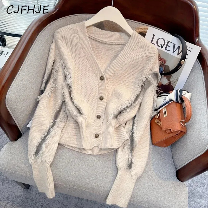 CJFHJE V-Neck Metal Button Knitted Women Fashion Tassel Bottom Cardigan Sweater Coat Casual Solid Color Womens Sweater 240813