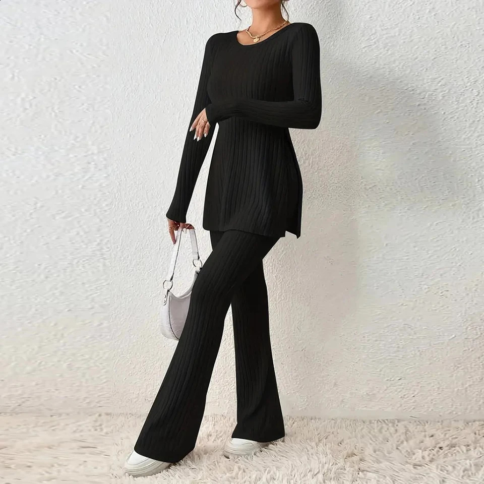Spring Women Knit Two Piece Sets Solid Color Sexy Slit Casual Slim Suit Long Sleeve Oneck TopsPants Set Fashion Streetwear 240712
