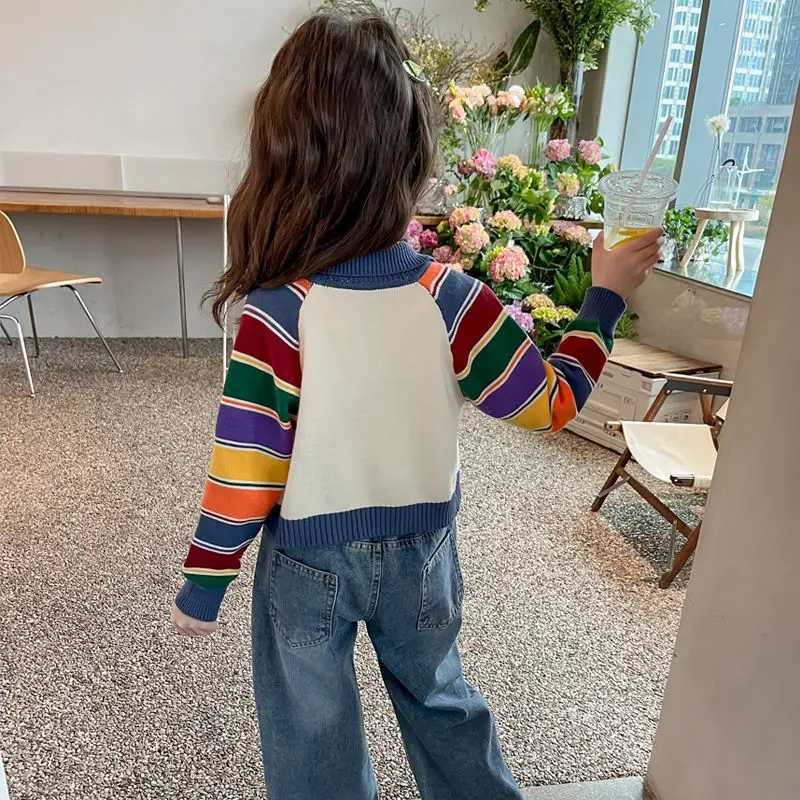 Autumn and winter fashion Korean Kawaii girls cardigan wool sweater patchwork childrens top casual long sleeved sweater cute Y2K childrens clothing W2