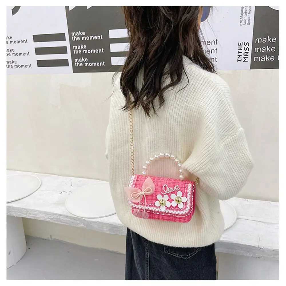 Cute flower pearl handbag childrens shoulder bag bow childrens square cross shaped bag baby girls wallet exchange handbag W240813