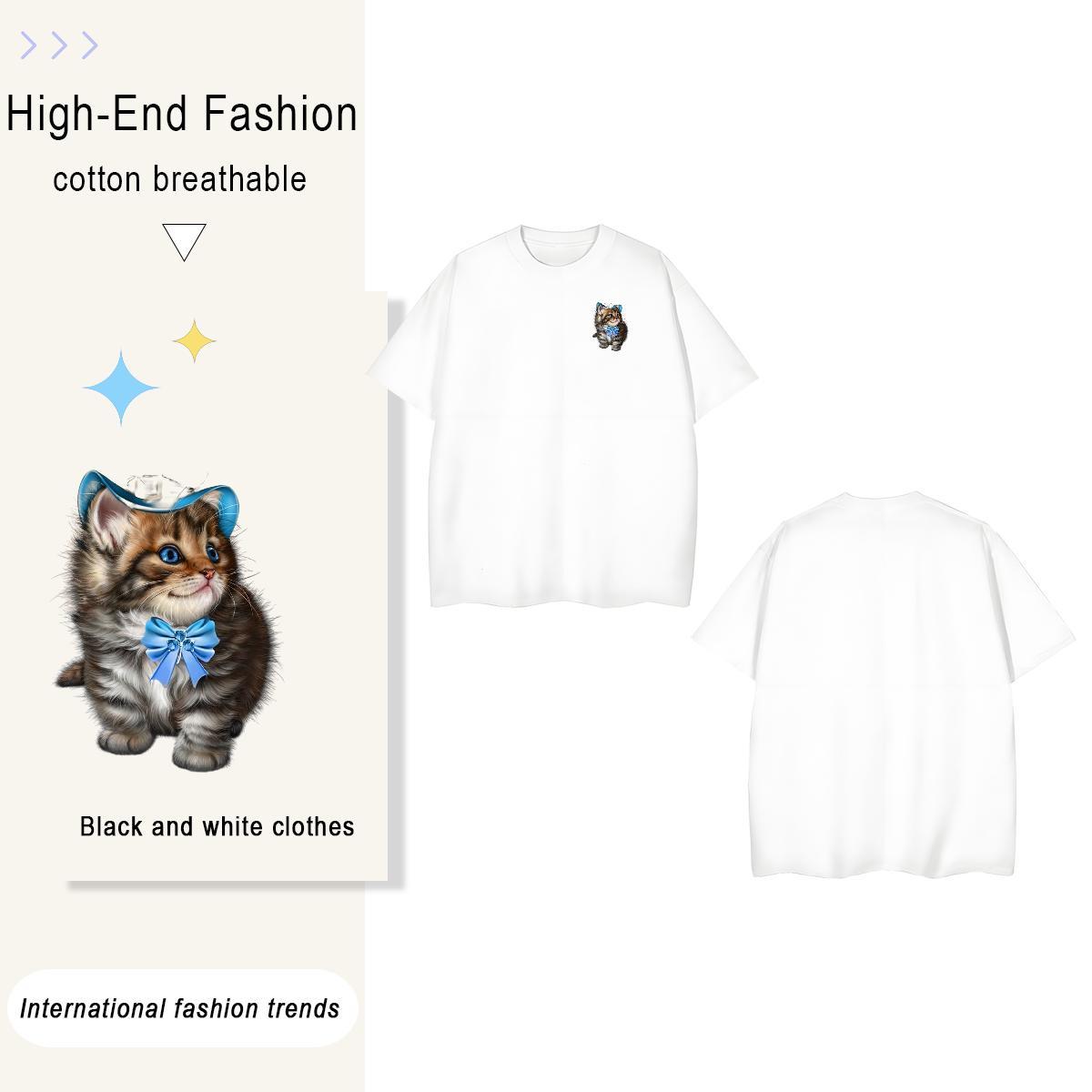 T Shirt For Man 100% Cotton 230g cat Hip Hop Street Breathable Short Sleeve DIY Printed Mens Tshirts New Comfortable Tops