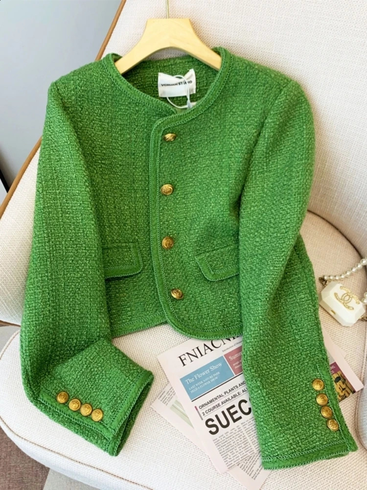 Autumn Korean fashion green tweed short sleeved jacket for womens chic long single chest woven top 240813