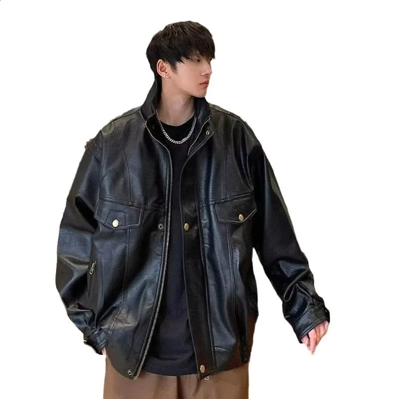 Trendy Black Motorcycle Jacket For Men Casual Stand Collar Leather Biker Riding Gear Lightweight Loose Fit Cropped Jacket 240814