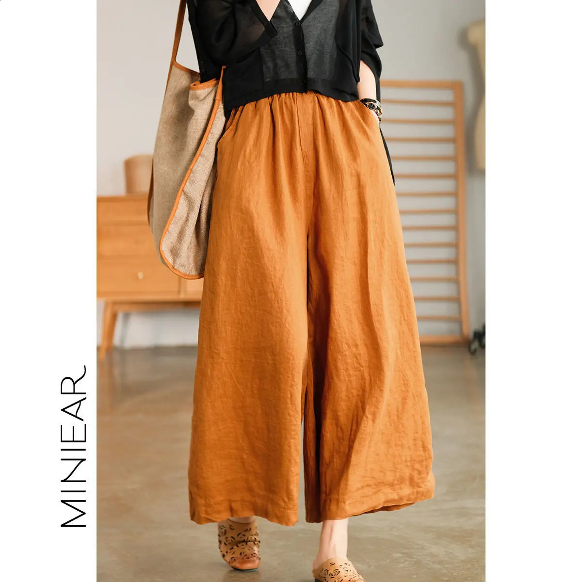 Casual Simplicity Summer Solid Color Wide Leg Pants Stylish Womens Clothing Elastic Waist Pockets Loose Vintage Cropped Pants 240813