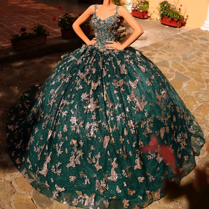 Blackish Green Shiny Quinceanera Dresses Ball Gown Spaghetti Strap Gold Bow Birthday Party Sweet 16 Dress Vestidos De 15 Anos