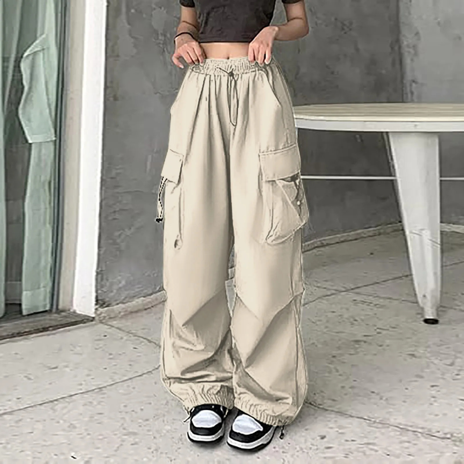 Womens Baggy Cargo Pants Streetwear Hip Hop Joggers Sweatpants Drawstring Casual Loose Solid Color Wide Leg Trousers Z260314