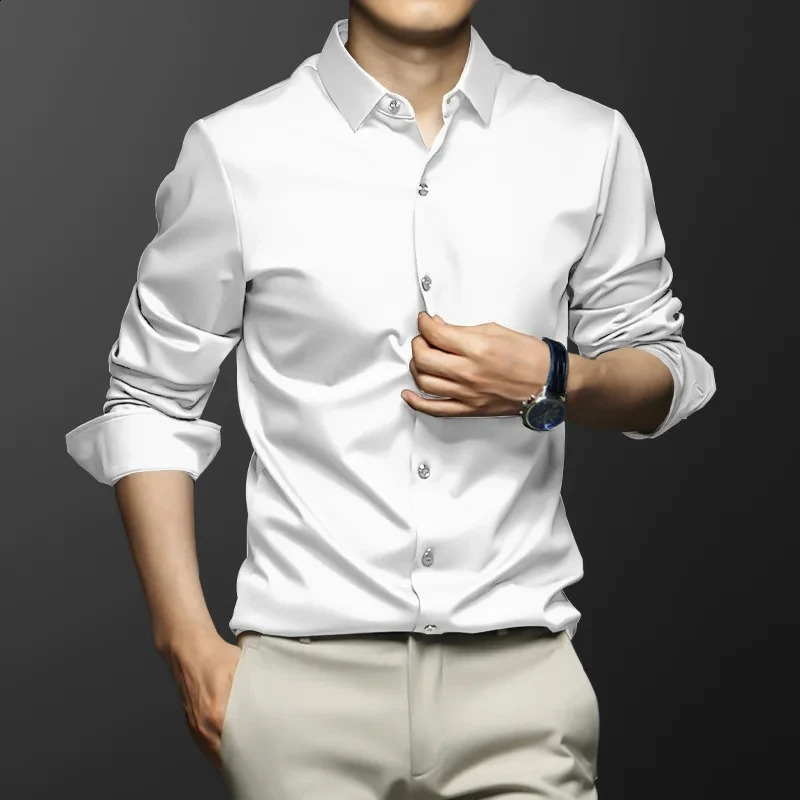 High Quality Stretch Anti-Wrinkle Non-iron Men Shirts Long Sleeve Dress Shirts Male Slim Social Business Casual Shirt S-6XL 240814