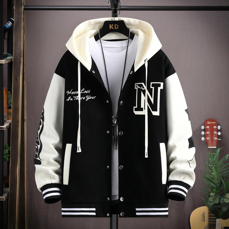 Trendy Hip Hop Hooded Baseball Uniform Unisex Lightweight Sportswear Jacket Mens Bomber Jackets Autumn Coat Letter Printed 240712