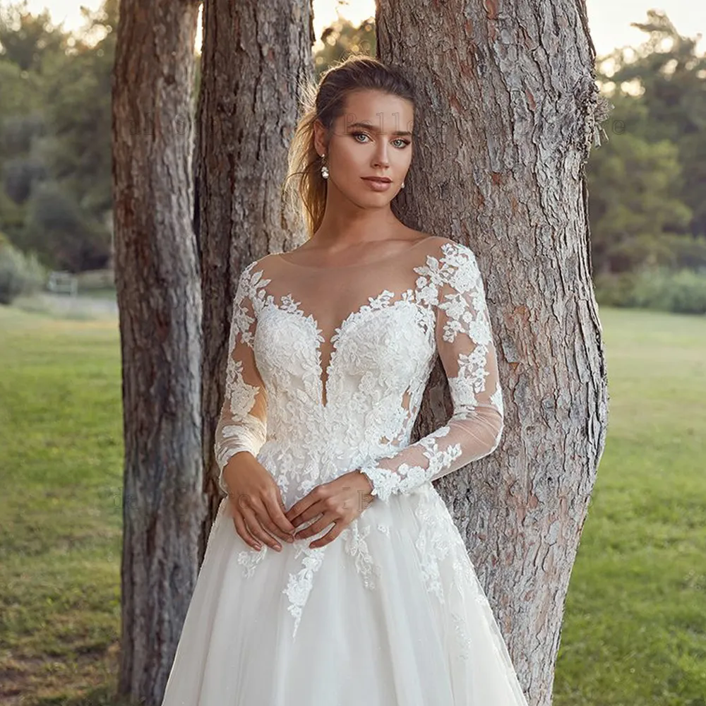 2024 Long Sleeve Wedding Dress Beach Women Lace Appliques Button Tulle Sweep Train Vestidos De Novia Custom Made