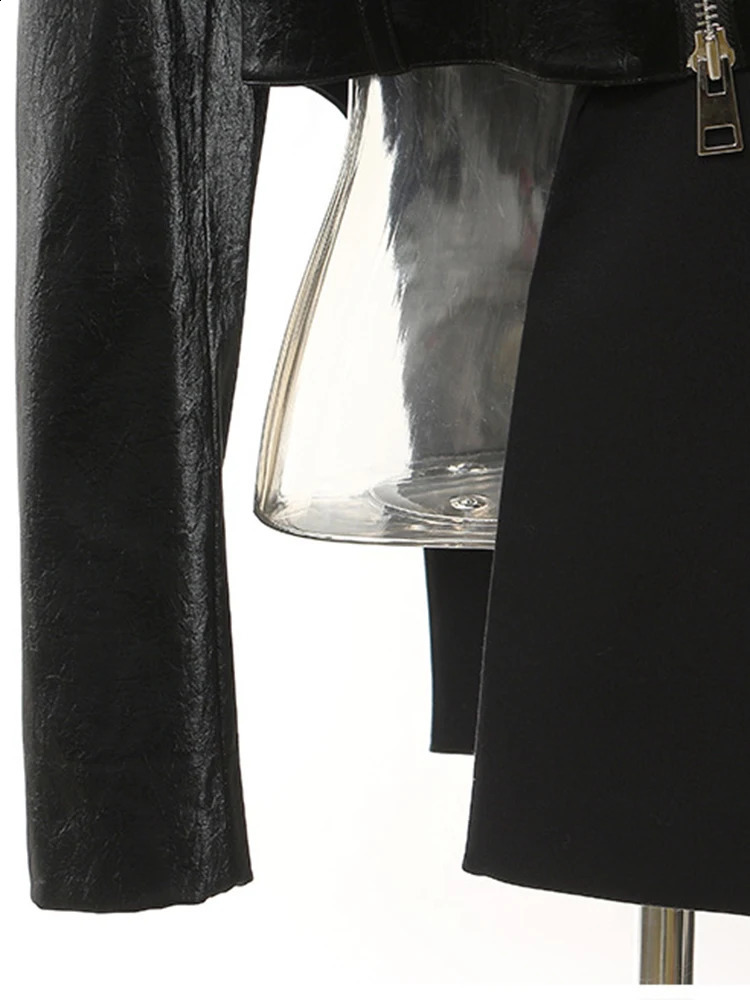 EAM Women Black Irregular Pu Leather Blazer Lapel Long Sleeve Loose Fit Jacket Fashion Spring Autumn 2024 17A7466 240813